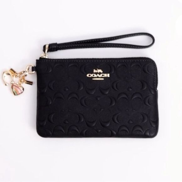 Boxed Corner Zip Wristlet In Signature Leather Embossed Coach Key Chain Charms - Picture 5 of 9